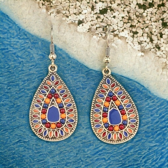 ENAMEL WATERDROP BOHO DROP FASHION EARRINGS - Picture 1 of 4